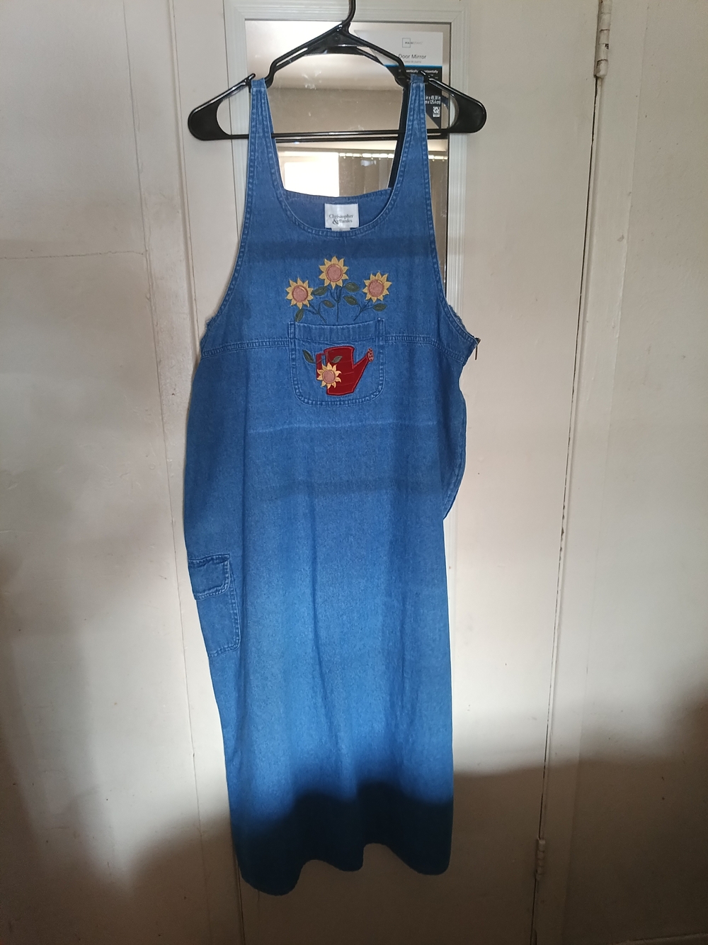 Blue Denim Maxi Jumper Dress with Sunflower Pocket